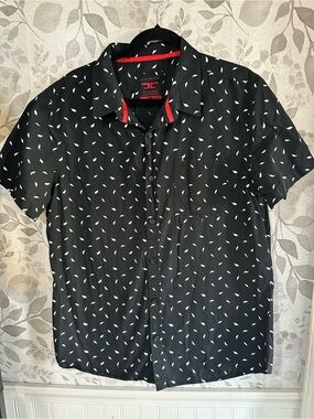 Jordan Craig Black Short-Sleeve Button-Up Shirt with White Leaf Print